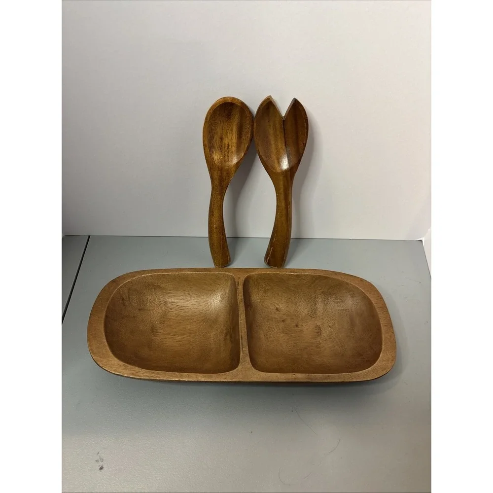 Pottery Barn Serving Bowl Unisex OS Brown Good Wooden Divided Dough Bowl Set